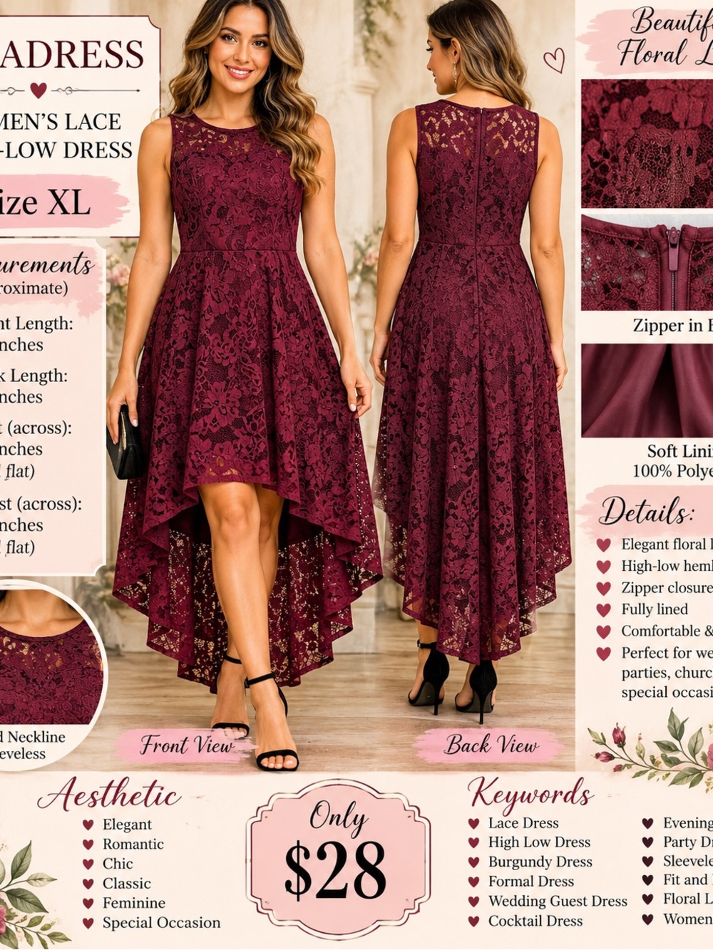 Muadress Floral Lace High Low Dress Size XL Like New